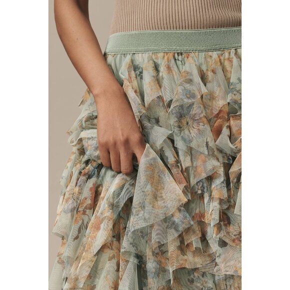 NWT by Anthropologie Cheri in Green Floral Ruffled Tulle Midi Skirt M - Picture 4 of 10
